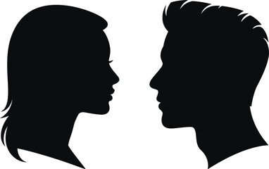 Human profile silhouettes facing each other, black and white minimal design, identity concept, psychology, relationship illustrationHuman profile silhouettes facing each other