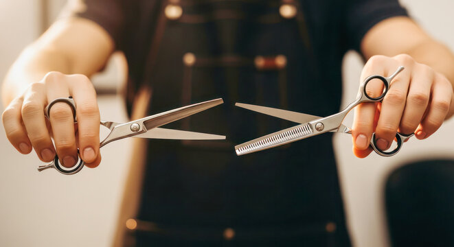 Hair stylist holding two types of scissors, showcasing tools of the trade in a modern salon environment with warm lighting and professional atmosphere