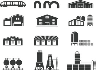 Industrial and architectural icon set, black and white building symbols, infrastructure design elements, urban planning, logistics illustration pack