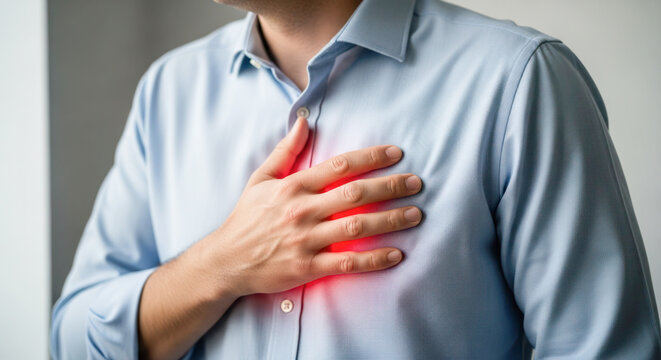 Man experiencing chest pain while holding his hand to his heart, showcasing a moment of distress and concern for health and well-being