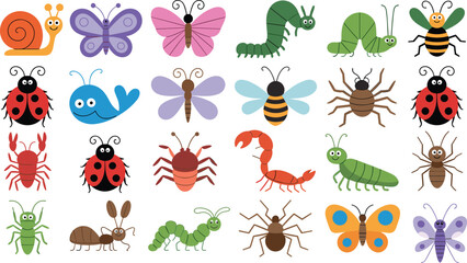 Cartoon animals and insects, colorful bug icons, kids illustration, educational wildlife art, playful creatures, smiling bugs, nature characters, cute design