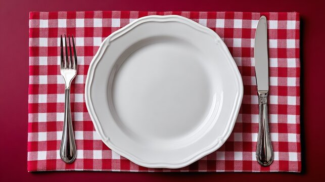 A white plate with a fork and knife on a red and white checkered cloth. The plate is empty and the table setting is simple - Powered by Adobe
