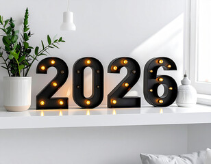 Glowing marquee digits of 2026 add festive spirit to a bright indoor setting