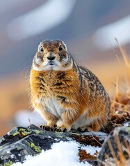 Close-up of a rodent perched on a rock, snowy background
