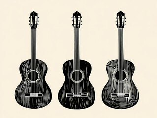 Naklejka premium Three Timeless Masterpieces: A Minimalist Woodcut Illustration of Classical Guitars Capturing the Essence of Musical Artistry