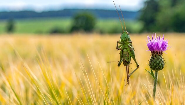 Green grasshopper perched on a purple thistle in a wheat field. - Powered by Adobe