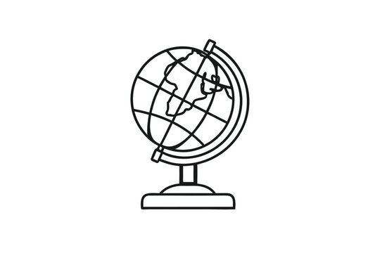 A simple line drawing depicts a geographical globe with a stand and continents