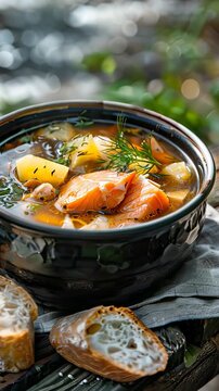 Fish soup with a river in the background. Selective focus. nature.