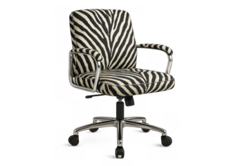 Zebra print office chair with swivel base and armrests, modern design, black and white animal pattern