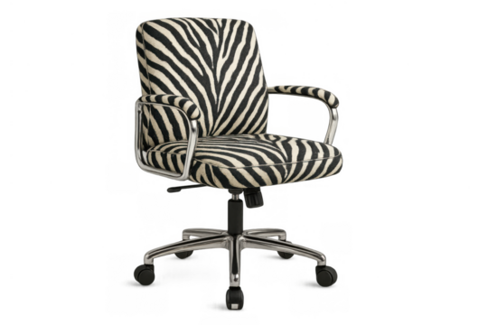 Zebra print office chair with swivel base and armrests, modern design, black and white animal pattern