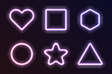 Neon gradient geometric shapes. Round square triangle glowing frames and borders, colorful bright glowing circle star heart hexagon led UI design elements. Vector set