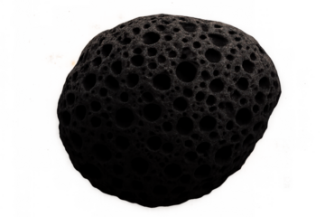 Dark asteroid or space rock with a porous and textured surface, rendered in 3d on a transparent background