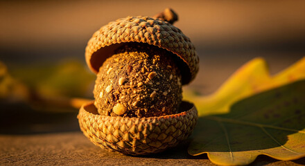 Creative Macro Shot of Healthy Food Ball in Natural Acorn Shell
A captivating and creative macro photograph capturing a small, rustic energy or protein ball nestled inside a naturally split acorn shel