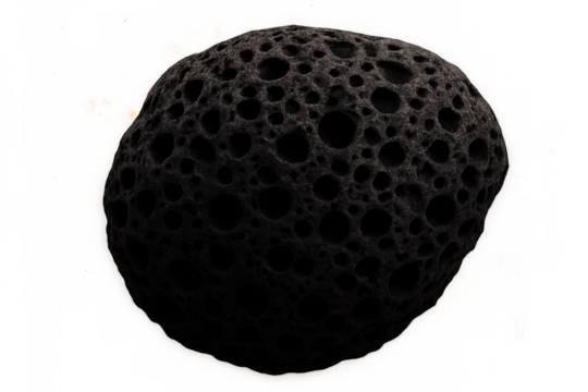 Dark asteroid or space rock with a porous and textured surface, rendered in 3d on a transparent background