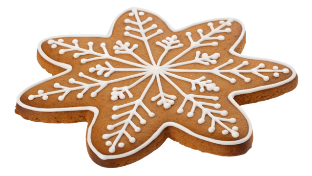 Gingerbread snowflake cookie isolated PNG on transparent background, Christmas holiday treat with white icing decoration