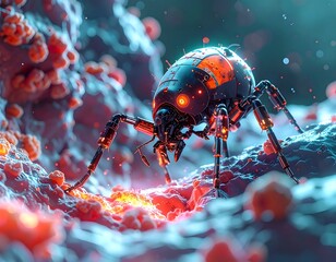 Close-up of a robotic insect exploring a biological landscape