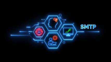 Neon SMTP email technology concept with icons and glowing lines SMTP communication - Powered by Adobe