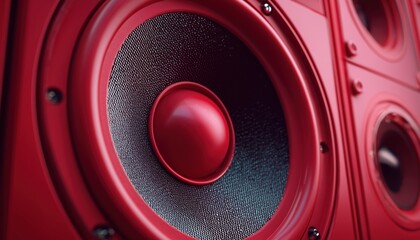 Professional Dj Equipment: Close-Up Of Hi-Fi Red Loudspeaker Box With High-Quality Sound Recording Studio Equipment And Hifi Diffuser Speaker.Built-In Plastic Cabinet.