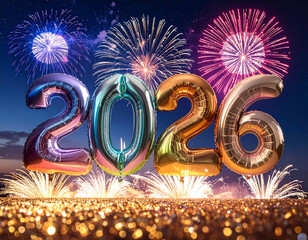 Celebrate New Year's Eve 2026 with giant holographic numbers and brilliant fireworks lighting up the night sky