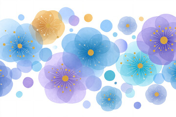 Colorful watercolor illustration of abstract flowers in various shades of blue, purple, and orange, creating a vibrant and cheerful floral pattern with soft textures and gentle shapes
