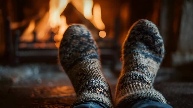Cozy scene with warm knitted socks resting near a crackling fireplace, showcasing the inviting ambiance of a winter evening, camera slowly zooms in