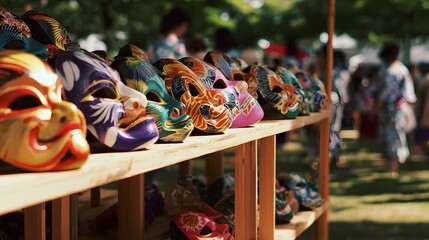 Vibrant Japanese festival masks evoke tradition amidst a lively Bon Odori celebration scene