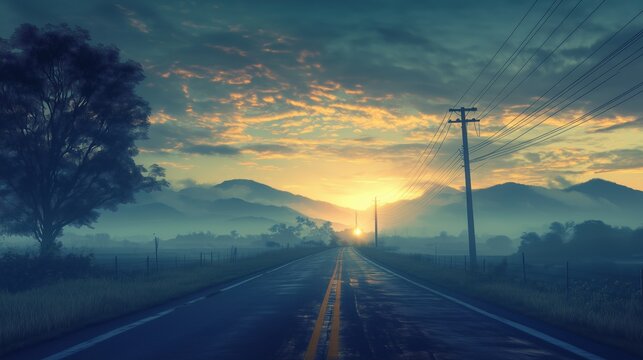 Cinematic view of a wet, rural road stretching into misty mountains at sunrise, featuring utility poles and a dramatic orange and blue sky. - Powered by Adobe