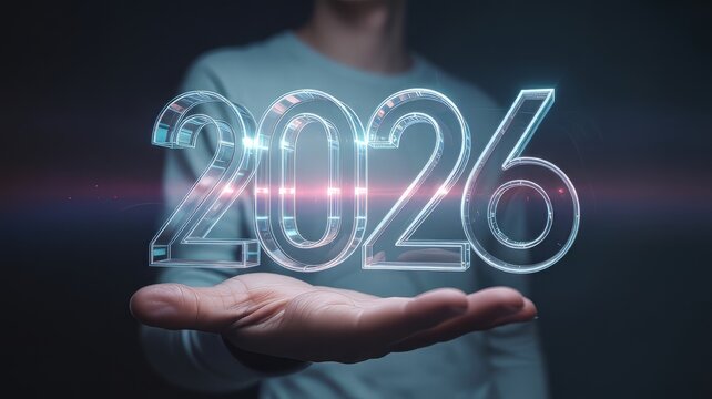 Man holding the year 2026 in his hand with futuristic glow