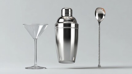 A martini glass, a martini shaker, and a martini spoon are shown in a 3D image. The glass and shaker are placed on a table, and the spoon is hovering above them