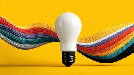 A light bulb is surrounded by a colorful, swirling pattern. The light bulb is the main focus of the image, and the colors and patterns surrounding it create a sense of movement and energy
