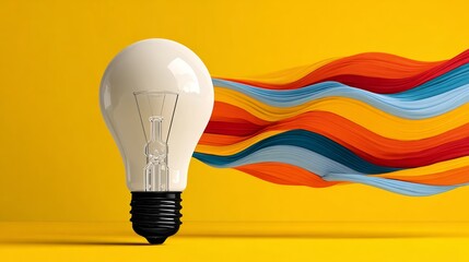 A light bulb is lit up on a yellow background. The light bulb is surrounded by a colorful wave, which gives the impression of a creative and dynamic energy. Concept of innovation and inspiration