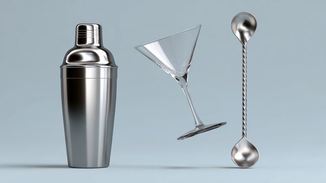 A silver cocktail shaker, a martini glass, and a cocktail spoon are shown in a picture. Concept of sophistication and elegance, as these items are commonly associated with upscale dining experiences