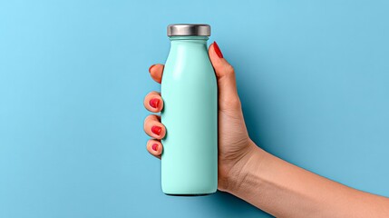 A person is holding a bottle of water. The bottle is clear and has a silver lid. The person's hand is holding the bottle with a firm grip