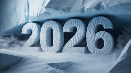 The year 2026 represented by large ice numbers in a cold, frosty environment