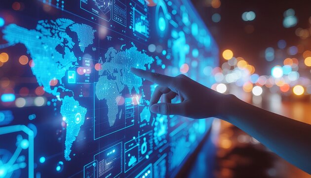 Modern global business illuminated with touch interface, showing worldwide connectivity and data analysis for international expansion and strategy