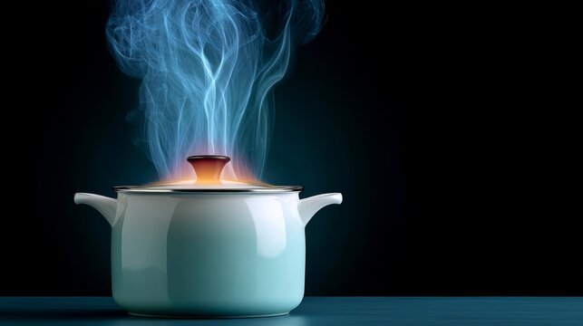 A pot of boiling water with steam coming out of it. The steam is blue and the pot is white - Powered by Adobe