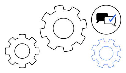 Interconnected gears alongside a dialogue bubble and checkmark icon represent teamwork, communication, and task efficiency. Ideal for management, productivity, workflow, tech processes, team