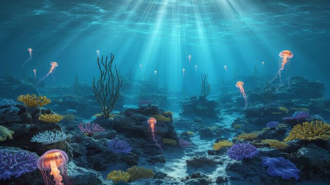 Underwater scene with sunbeams illuminating jellyfish and coral reef