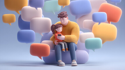 3D HD stylized parent comforting a child who is worried about online messages, abstract floating chat bubbles, safe soft colors, emotional but commercial-friendly tone.