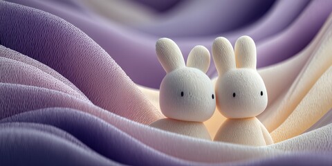 Cute foam rabbits resting on purple soft waves symbolizing serenity and luxury minimalist birthday composition.
