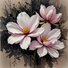Watercolor square background with soft pink magnolia flowers blooming on dark abstract spring backdrop