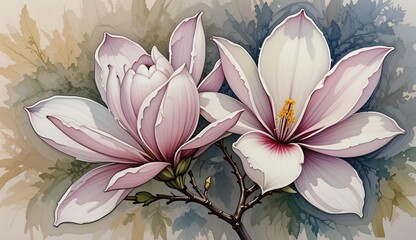 Watercolor background with two blooming magnolia flowers in soft white and pink spring tones