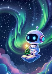 Cute robot holding Christmas tree under aurora lights in magical outer space sky