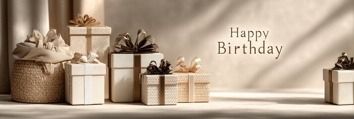 Warm beige birthday scene with stacked gift boxes and soft lighting representing elegant luxury celebration concept.
