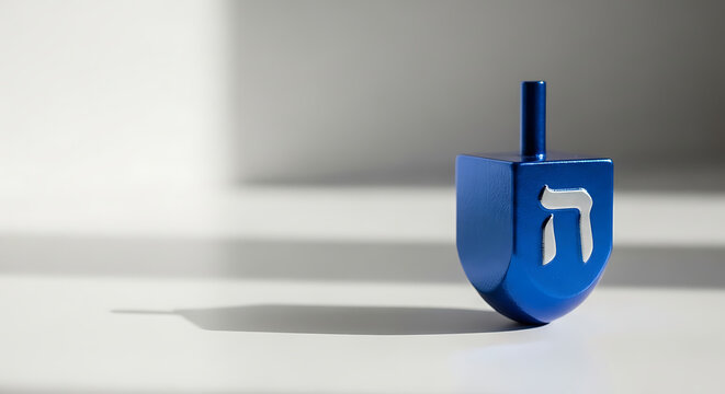 Hebrew letters dreidel - Blue dreidel spinning on white surface with soft shadows  