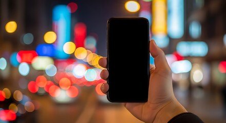 Person holding smartphone with black screen with blurred city night background