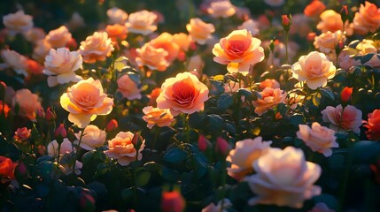 Sunset rose garden filled with blooming flowers in pastel shades glowing in magical golden light