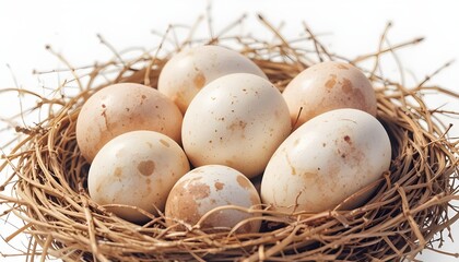 Speckled organic market pick eggs in rustic straw nest symbolizing farm freshness
