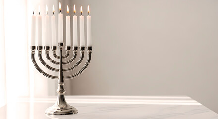 Silver menorah with lit candles on a marble table in soft light - Hanukkah card design background

