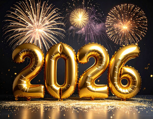 Glamorous 2026 celebration with shiny gold balloons and festive fireworks in a minimalistic composition
